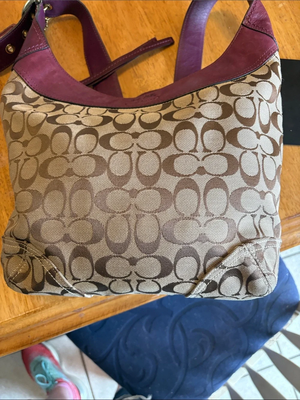 Coach Sophie Bleecker Monogram Hobo Bag with Purple Trim and Tan Canvas